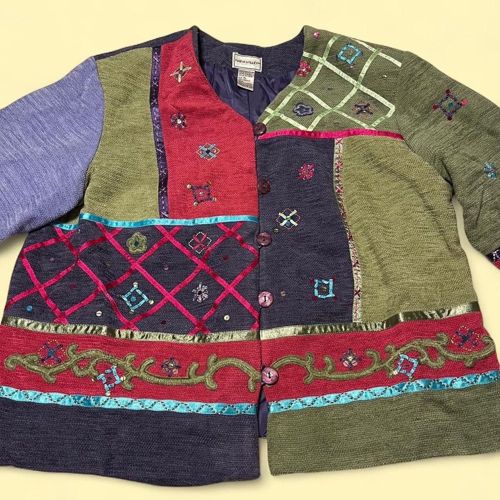 Vintage Patchwork Sequin Tapestry Jacket Size Xl … - image 2